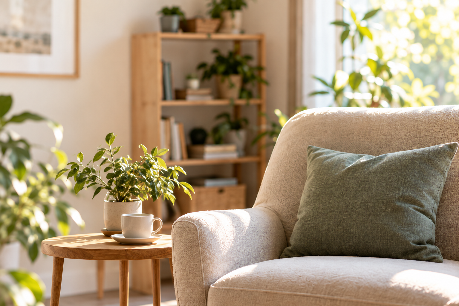 Warm, calming therapy space with a beige armchair, plants, and soft natural light